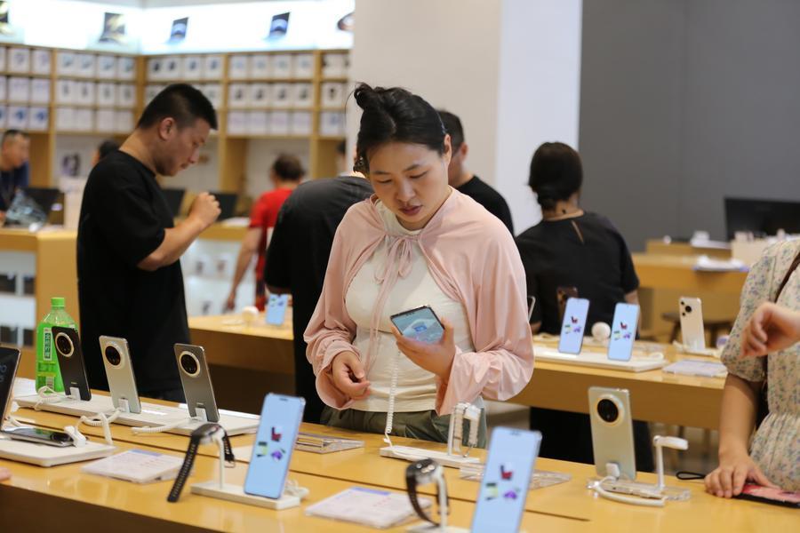 A customer selects products at a cellphone shop in Leshan City